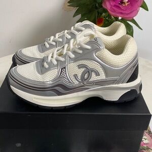CHANEL Women's Cream and Silver Sneakers